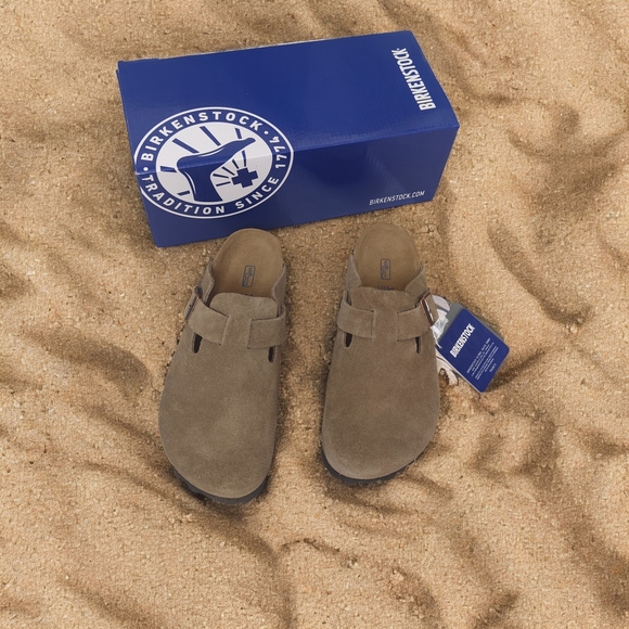 Birkenstock Boston Taupe Suede Clogs - Narrow Fit - Picture 1 of 6